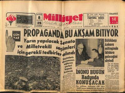 Milliyet Halk Gazetesi 14 Ekim 1961 - İnönü Bugün Radyoda Konuşacak GZ79031 - 1