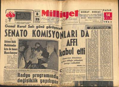 Milliyet Halk Gazetesi 14 Ekim 1962 - Leylâ Sayar Serbest Bırakıldı - Senato Komisyonları da Affı Kabul Etti GZ118170 - 1