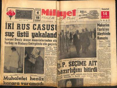 Milliyet Halk Gazetesi 14 Eylül 1957 - Makarios Türkiye Aleyhinde Konuştu GZ117769 - 1