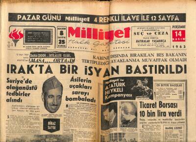 Milliyet Halk Gazetesi 14 Kasım 1963 - Irakta Bir İsyan Bastırıldı - Zeytinburnunda 300 İşçi Dün Grev Yaptı GZ118541 - 1
