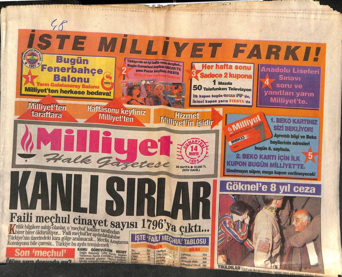 Milliyet Halk Gazetesi 14 Mayıs 1994 - Göknel'e 8 Yıl Ceza - Karayalçın : ' Çankaya Muhalefet Yapıyor ' GZ152772 - 1