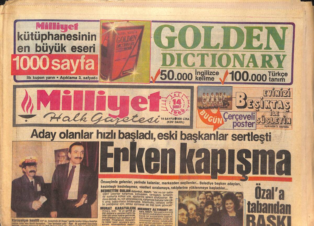 Milliyet Halk Gazetesi 14 Şubat 1989 - Ajda Pekkan ''44'' - Galatasaray Sola Kaydı GZ133078 - 1