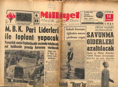 Milliyet Halk Gazetesi 14 Temmuz 1961 - M.B.K. Parti Liderleri İle Toplantı Yapacak GZ92969 - 1