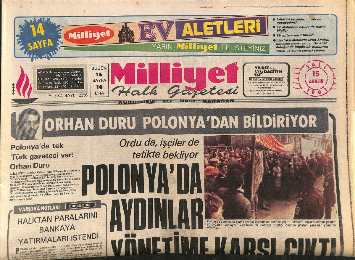 Milliyet Halk Gazetesi 15 Aralık 1981 - Lodos İstanbul'da Görülmemiş Hasar Yaptı - MGK , Harcırah Yasası'nı Onayladı GZ161014 - 1