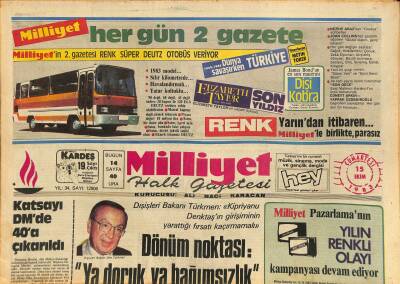 Milliyet Halk Gazetesi 15 Ekim 1983 - Ferdi Özbeğen Bu Gece Ekrana Piyanosuz Çıkacak - Kaşıkçı Çırağan Sarayına Talip Oldu GZ126150 - 1