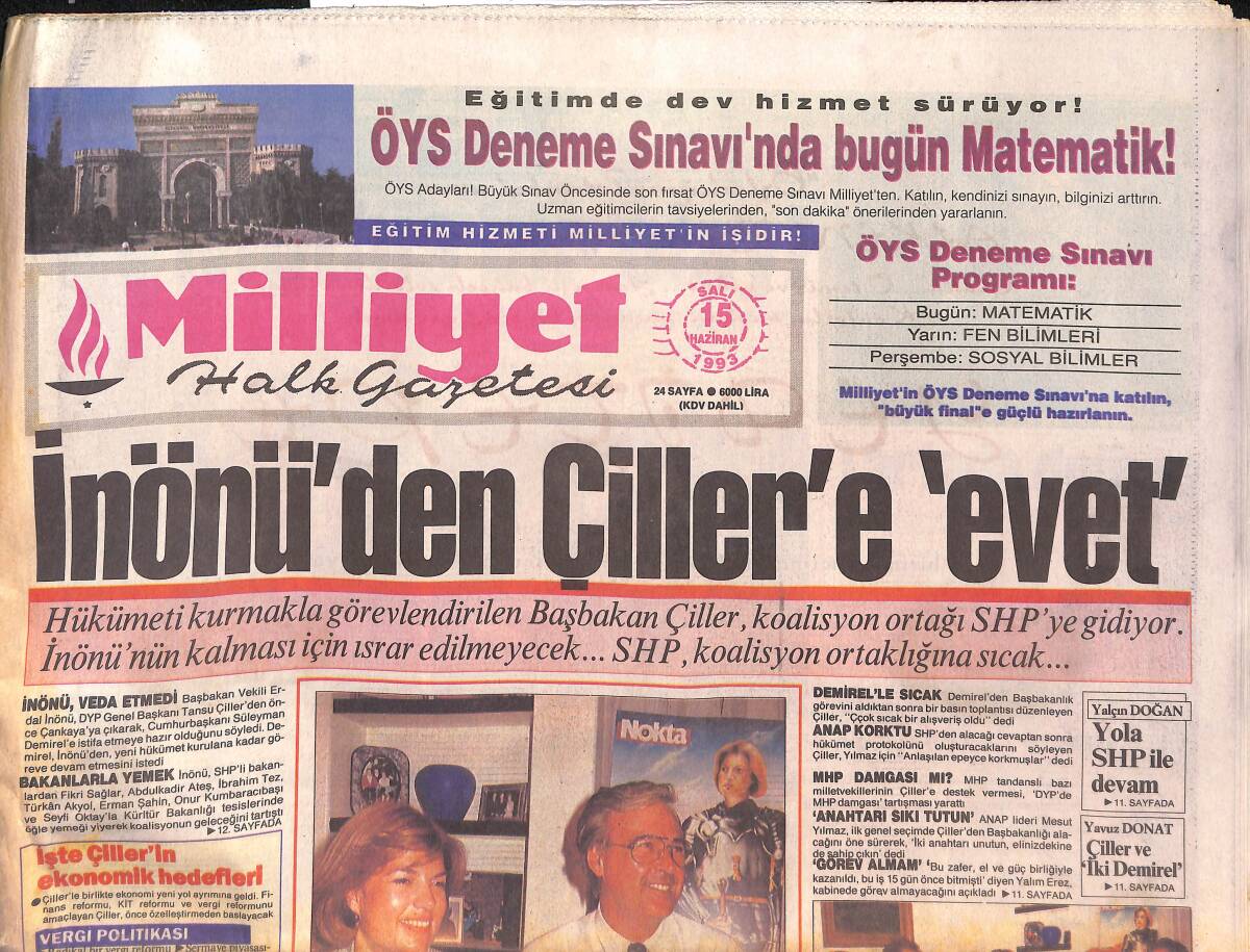 Milliyet Halk Gazetesi 15 Haziran 1993 - İnönü'den Çiller'e Evet - Erzik'in Yolu Açıldı GZ132898 - 1