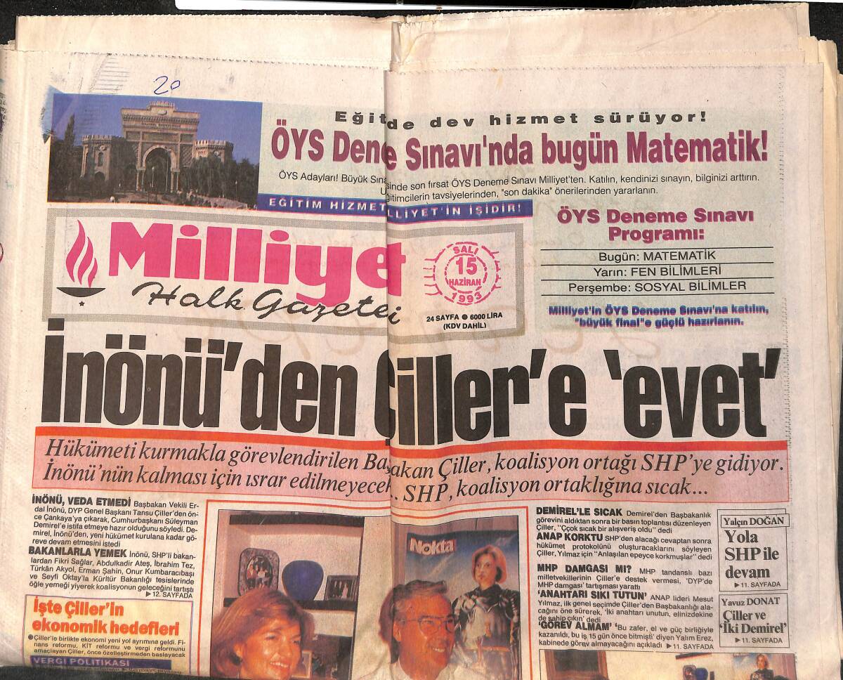 Milliyet Halk Gazetesi 15 Haziran 1993 - İnönü'den Çiller'e Evet - Galatasaray Ergün'de Israrlı GZ152905 - 1