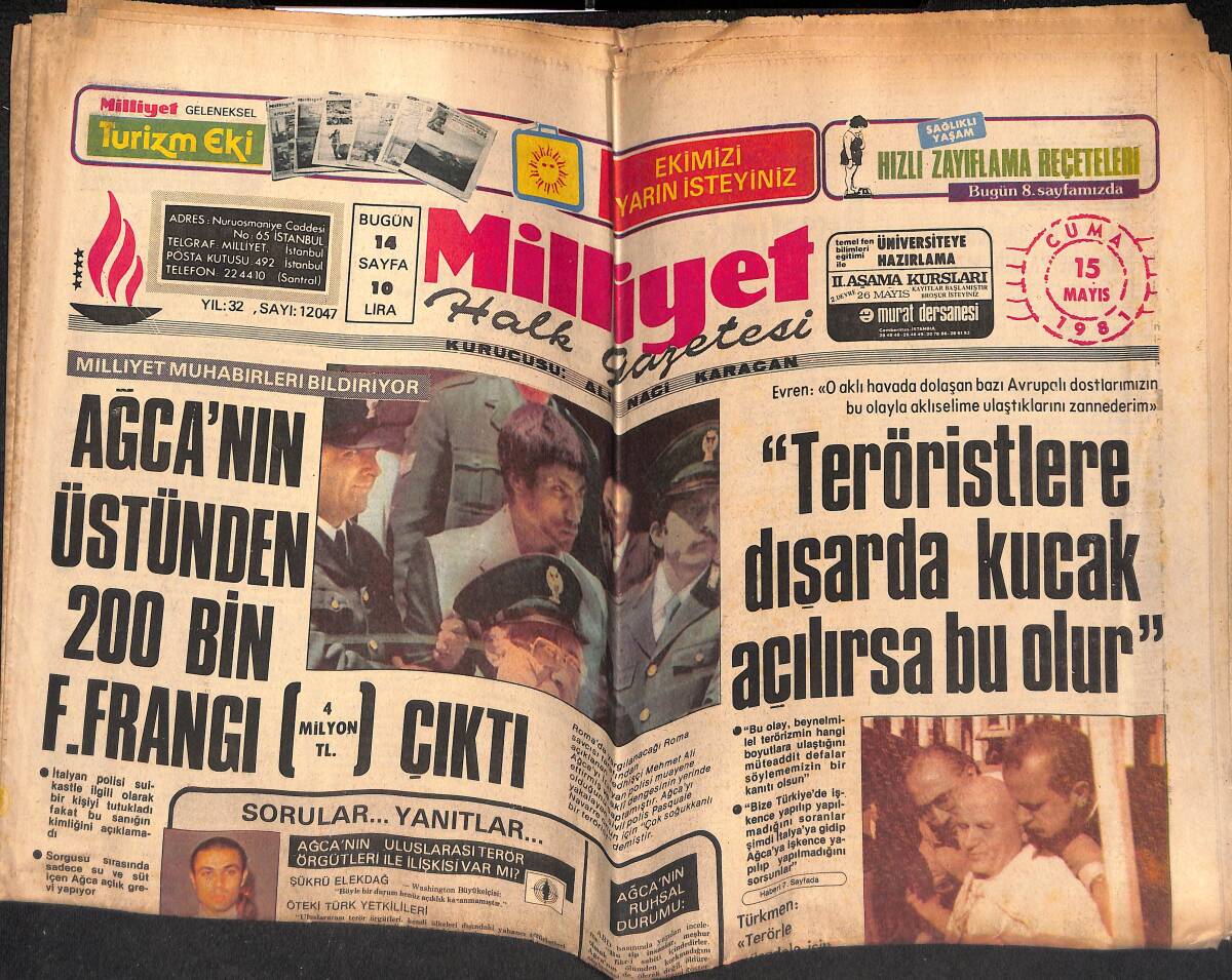 Milliyet Halk Gazetesi 15 Mayıs 1981 - Ağca , Roma'da Türk Elçiliği'ne 300 Metre Uzaklıktaki Bir Pansiyonda Kalıyordu GZ134528 - 1