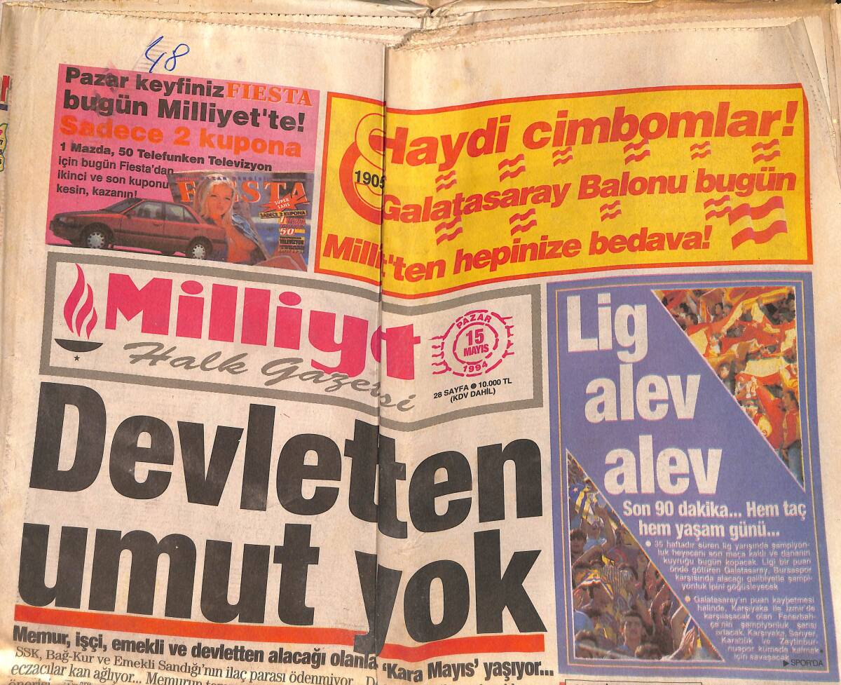 Milliyet Halk Gazetesi 15 Mayıs 1994 - Galatasaray Yemin Etti - DYP'li Gençlerden Çiller'e Övgü GZ152873 - 1