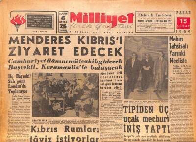 Milliyet Halk Gazetesi 15 Şubat 1959 - Menderes Kıbrısı Ziyaret Edecek-Fenerbahçe Şampiyon GZ86728 - 1