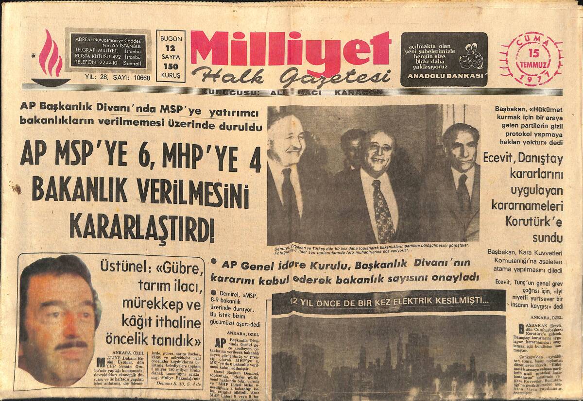 Milliyet Halk Gazetesi 15 Temmuz 1977 - Ecevit , Danıştay Kararlarını Uygulayan Kararnameleri Korutürk'e Sundu GZ160296 - 1