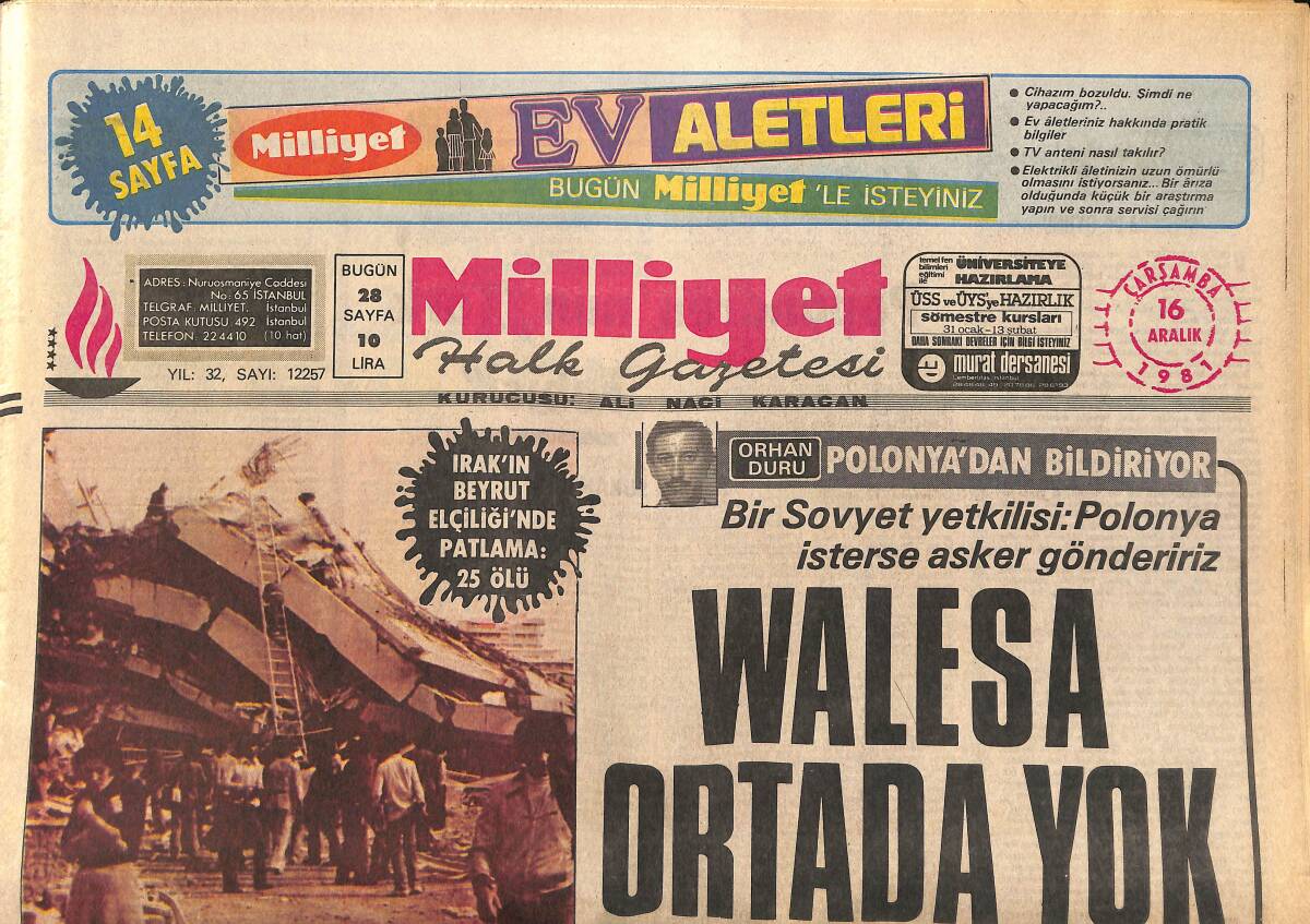 Milliyet Halk Gazetesi 16 Aralık 1981 - Walesa Ortada Yok - Galatasaray'ın 500. Yıldönümü Kutlandı GZ161013 - 1