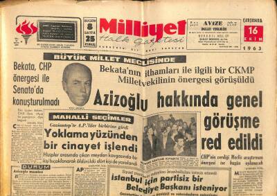 Milliyet Halk Gazetesi 16 Ekim 1963 - Harb Okulu Öğrencileri İçin Tedbirler Alınıyor - Azizoğlu Hakkında Genel Görüşme Red Edildi GZ118539 - 1