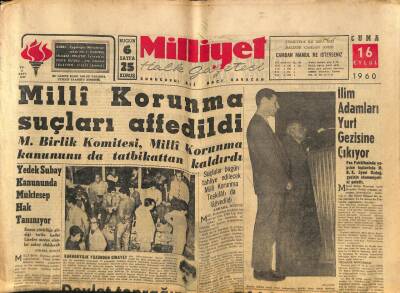 Milliyet Halk Gazetesi 16 Eylül 1960 - Milli Korunma Suçları Affedildi GZ81135 - 1