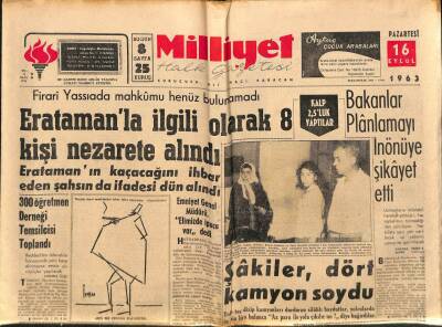 Milliyet Halk Gazetesi 16 Eylül 1963 - Eratamanla İlgili Olarak 8 Kişi Nezarete Alındı GZ92847 - 1