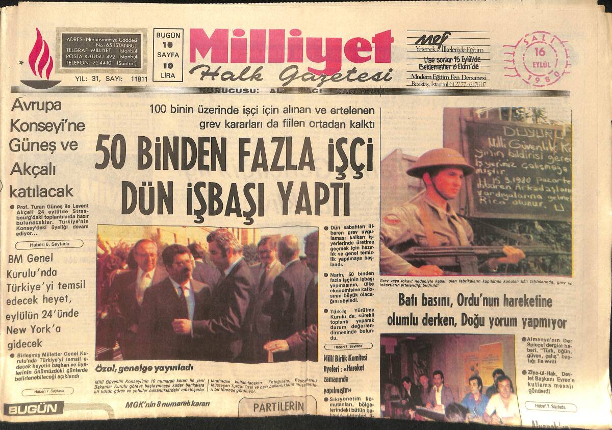 Milliyet Halk Gazetesi 16 Eylül 1980 - 50 Binden Fazla İşçi Dün İşbaşı Yaptı - Uçaklardan Sonra İran - Irak Gemileri Çatışmaya Başladı GZ153511 - 1
