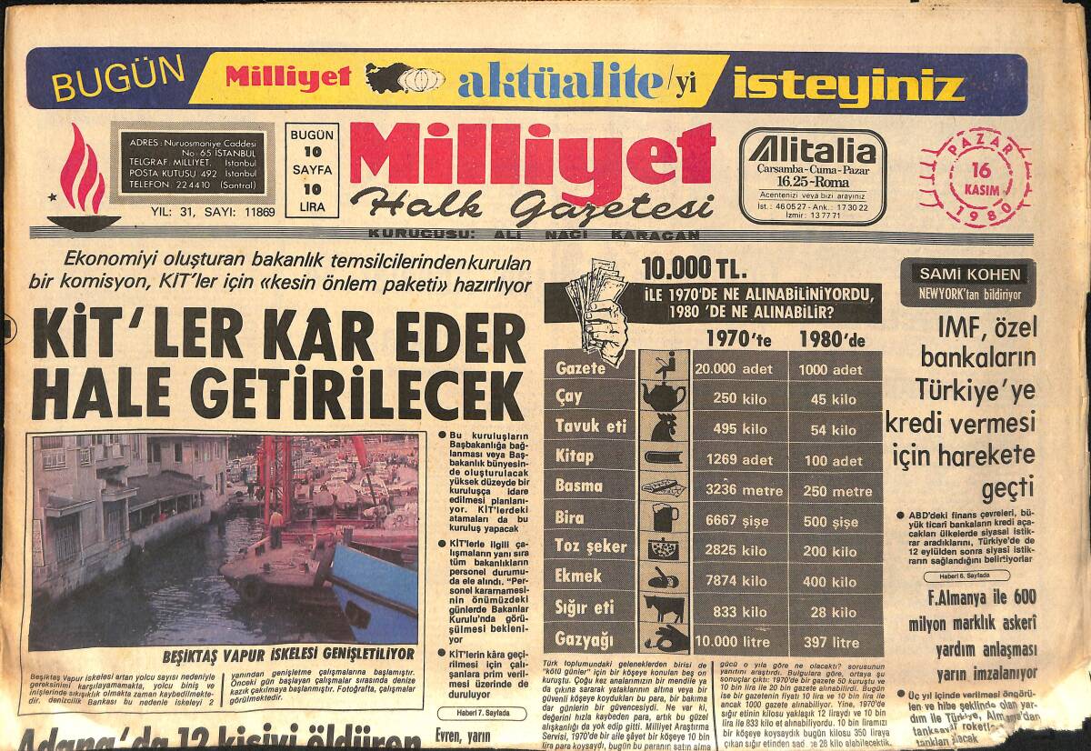 Milliyet Halk Gazetesi 16 Kasım 1980 - Beşiktaş Vapur İskelesi Genişletiliyor - Adana'da Amerikalı Bir Çavuş Öldürüldü GZ154681 - 1