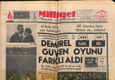 Milliyet Halk Gazetesi 16 Mart 1970 - Demirel Güven Oyunu Farklı Aldı - Komandoların Kış Eğitimi Sona Erdi GZ118275 - 1
