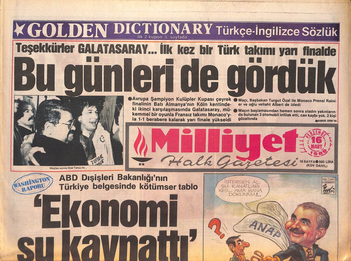 Milliyet Halk Gazetesi 16 Mart 1989 - Galatasaray'la Coştuk - Hizbullah Kuşkusu GZ132938 - 1
