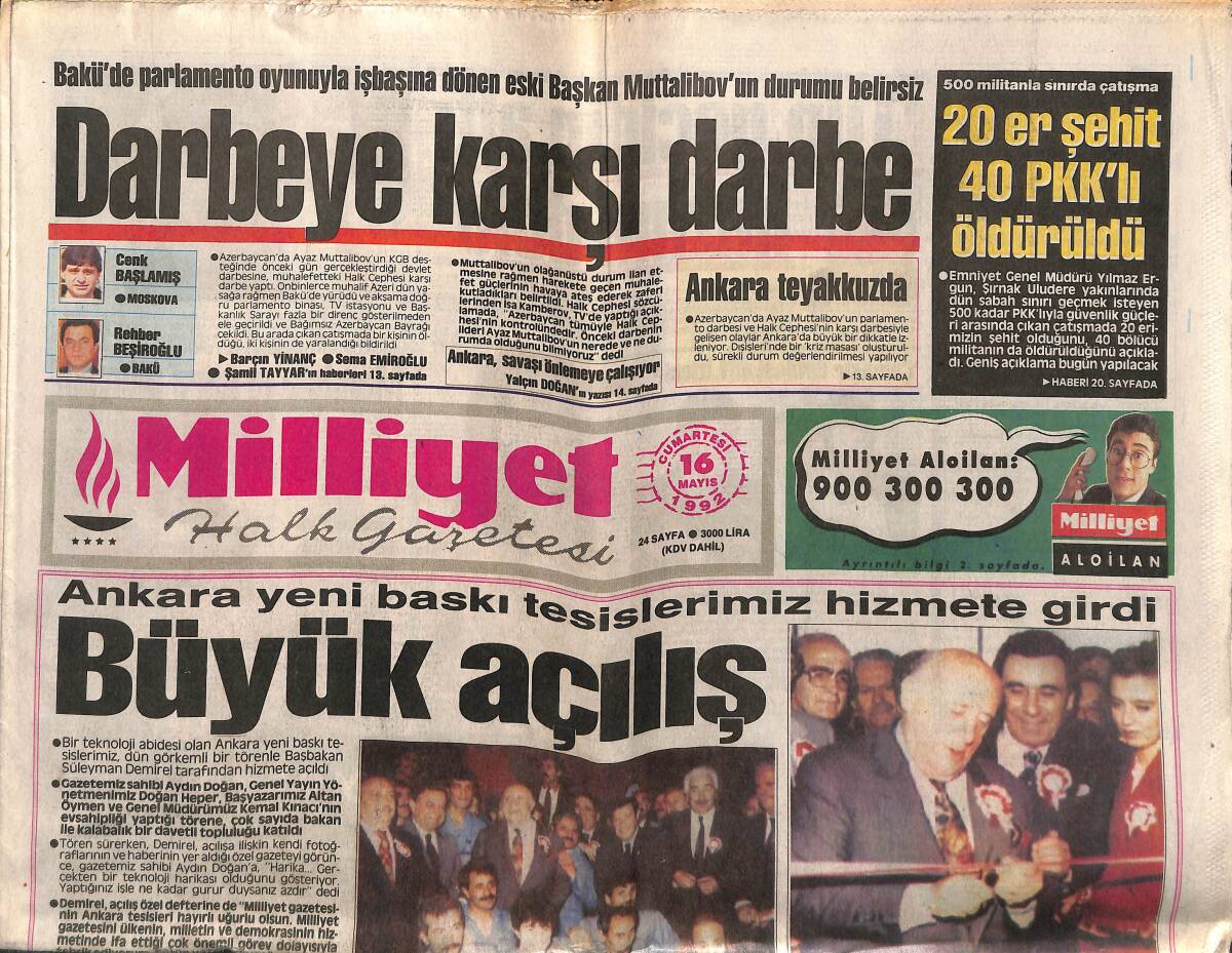 Milliyet Halk Gazetesi 16 Mayıs 1992 - ANAP Anketinde DYP Birinci - Güneydoğu'da Bankalar Kapanıyor GZ149229 - 1