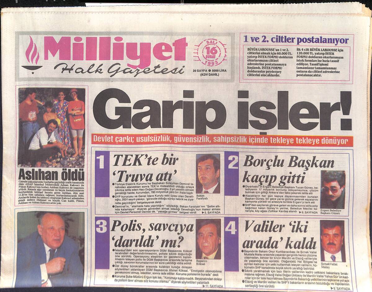 Milliyet Halk Gazetesi 16 Şubat 1993 - Fenerbahçe'de Büyük Yemin - Kıbrıs'ta Banka Kurmanın Fazileti ! GZ132568 - 1