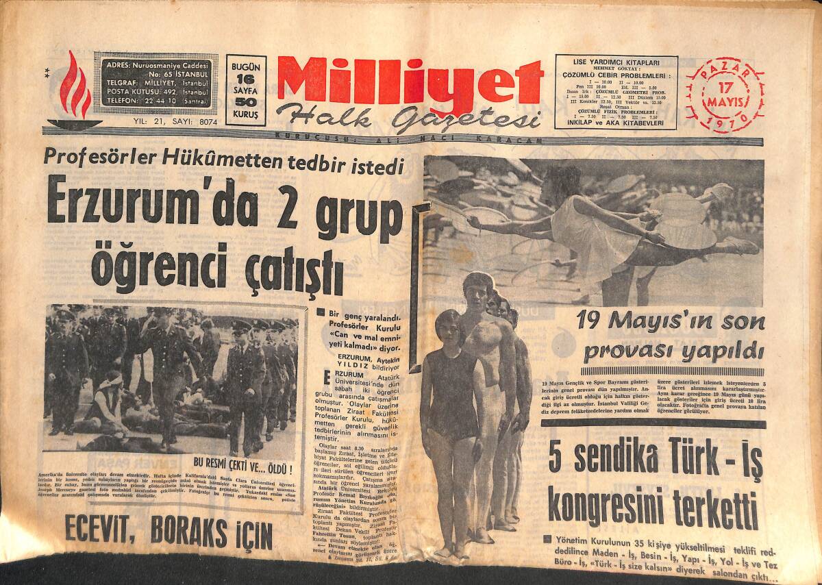 Milliyet Halk Gazetesi 17 Mayıs 1970 - Boks Milli Takımı Dün Varna'ya Gitti - Erzurum'da 2 Grup Öğrenci Çatıştı GZ134635 - 1