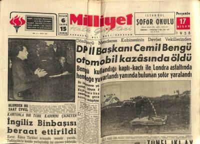 Milliyet Halk Gazetesi 17 Nisan 1958 - DP İl Başkanı Cemil Bengü Otomobil Kazasında Öldü GZ74451 - 1