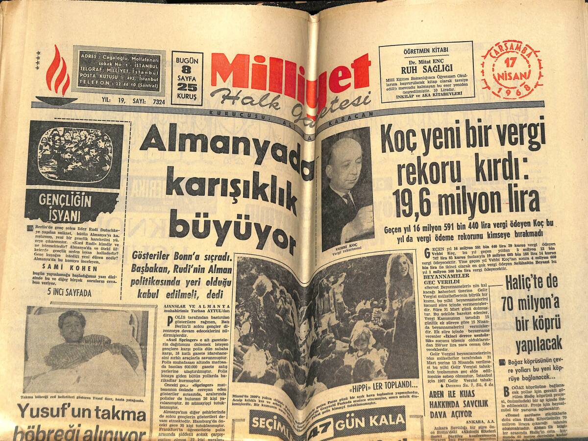 Milliyet Halk Gazetesi 17 Nisan 1968 - Almanya'da Karışıklık Büyüyor - Koç Yeni Bir Vergi Rekoru Kırdı GZ143426 - 1