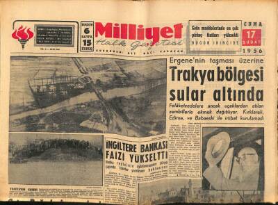 Milliyet Halk Gazetesi 17 Şubat 1956 - Trakya Bölgesi Sular Altında GZ88665 - 1