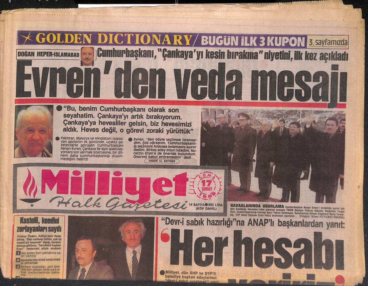 Milliyet Halk Gazetesi 17 Şubat 1989 - Kastelli'ye Özel Sorgu - Evren'den Veda Mesajı GZ133080 - 1