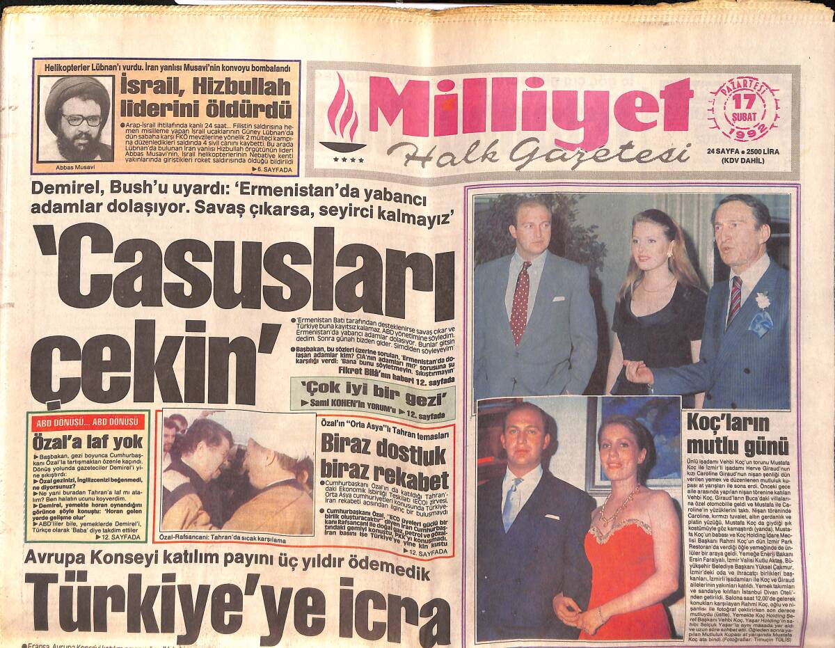 Milliyet Halk Gazetesi 17 Şubat 1992 - Bülent Ersoy Hastanede - KOÇ'ların Mutlu Günü GZ159324 - 1