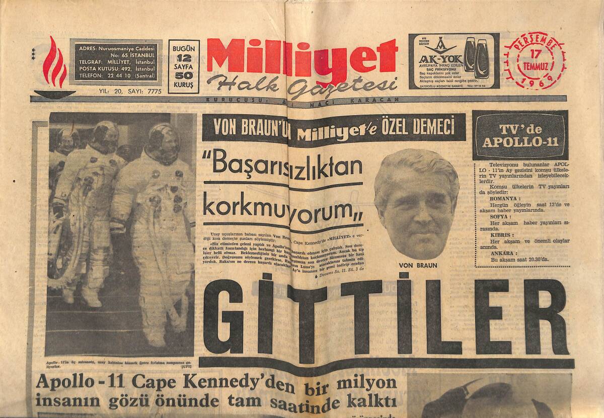 Milliyet Halk Gazetesi 17 Temmuz 1969 - Apollo-11 Cape Kennedy'den Bir Milyon İnsanın Gözü Önünde Tam Saatinde Kalktı GZ149567 - 1