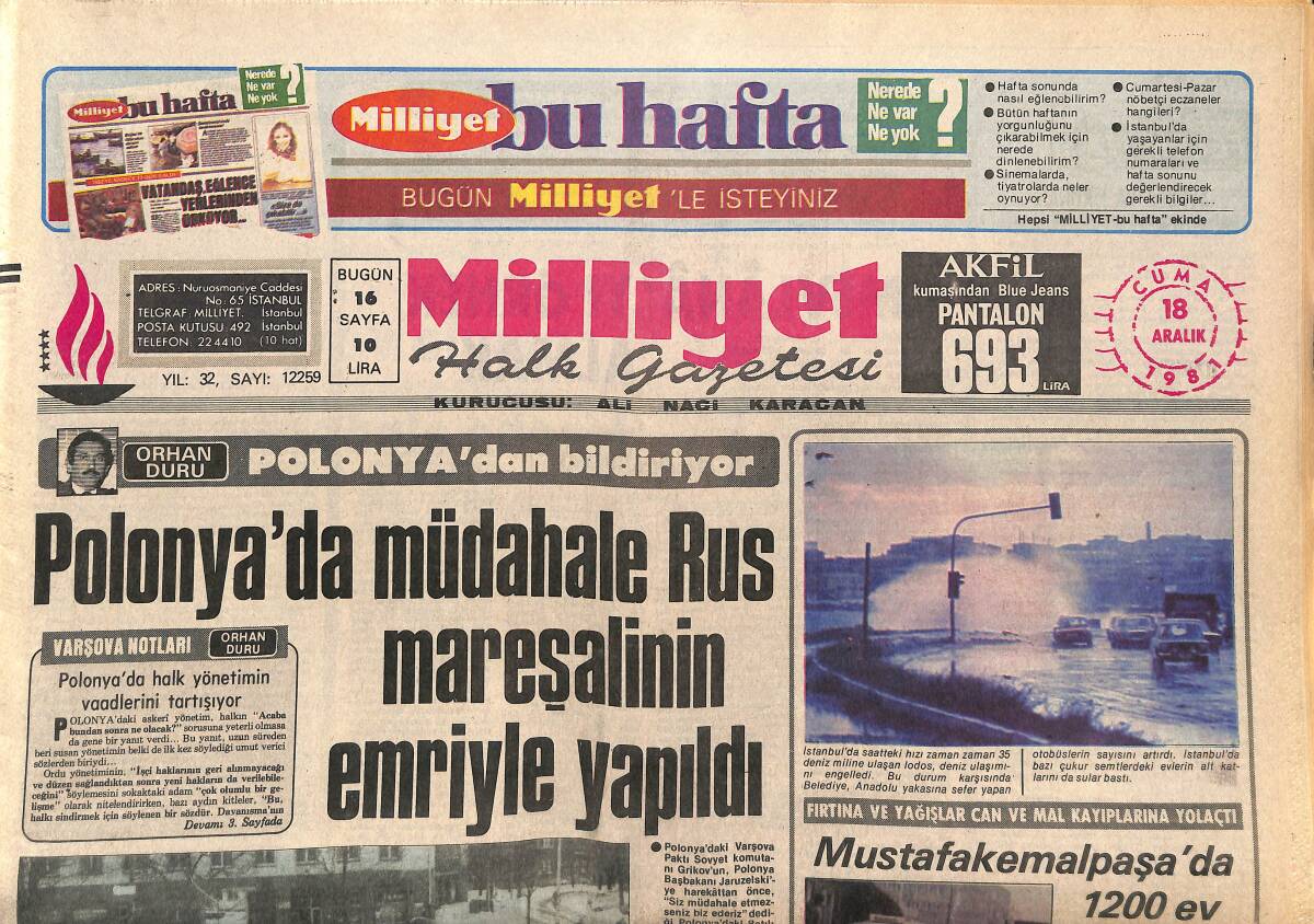 Milliyet Halk Gazetesi 18 Aralık 1981 - Mustafakemalpaşa'da 1200 Ev Boşaltıldı - Emekli Orgeneral Cemal Tural Vefat Etti GZ161011 - 1