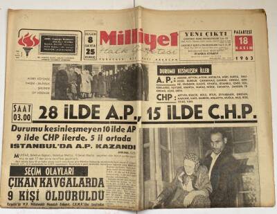 Milliyet Halk Gazetesi 18 Kasım 1963 - 28 İlde A.P. , 15 İlde C.H.P. GZ60269 - 1