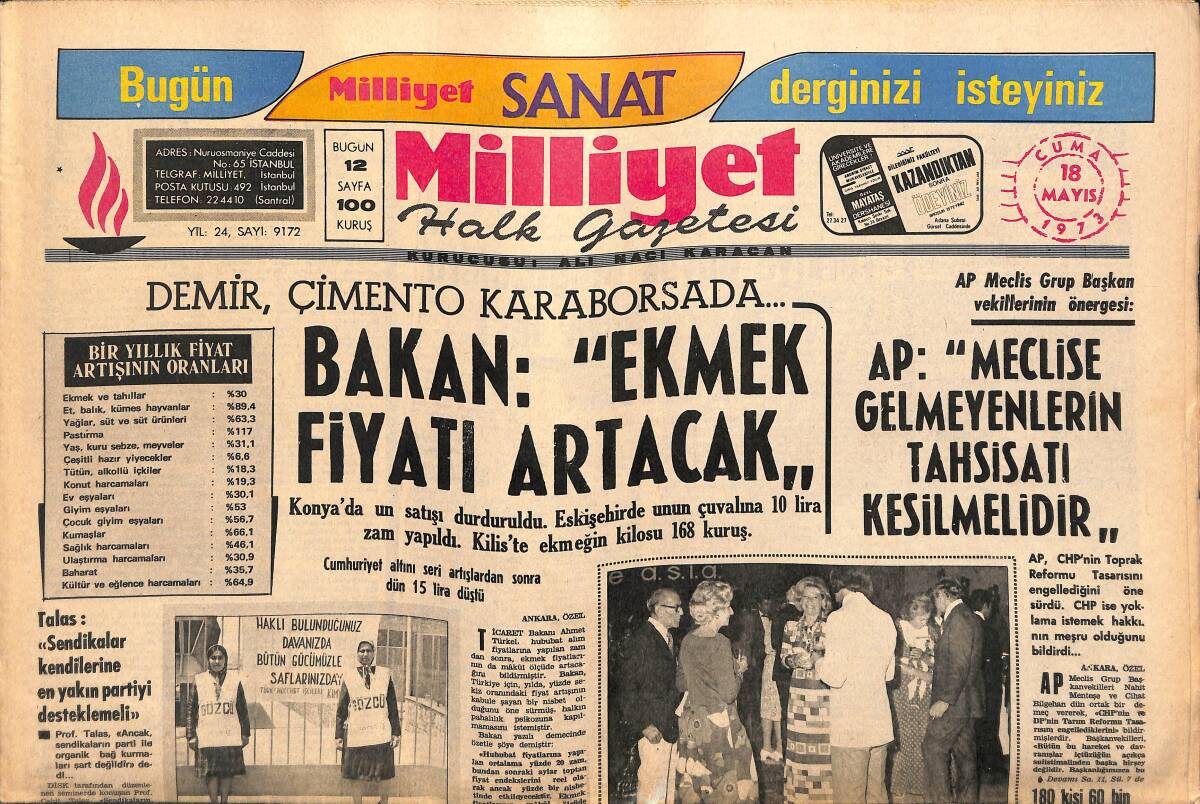 Milliyet Halk Gazetesi 18 Mayıs 1973 - Avrupa Konseyi Türkiye Konusunu Temmuz'a Erteledi - Bakan : Ekmek Fiyatı Artacak GZ141675 - 1