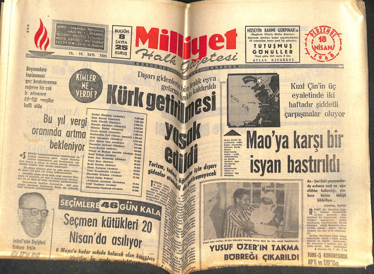 Milliyet Halk Gazetesi 18 Nisan 1968 - Mao'ya Karşı Bir İsyan Bastırıldı - Yusuf Özer'in Takma Böbreği Çıkarıldı GZ143422 - 1