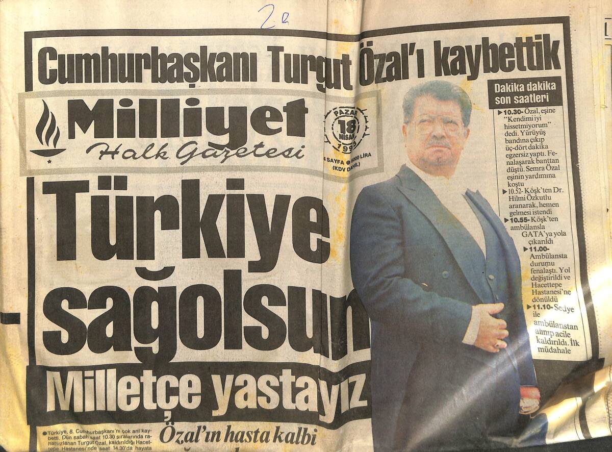 Milliyet Halk Gazetesi 18 Nisan 1993 - Cumhurbaşkanı Turgut Özal'ı Kaybettik - Sporun Kalbi Durdu GZ153004 - 1