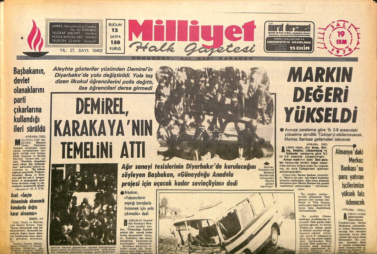 Milliyet Halk Gazetesi 19 Ekim 1976 - Demirel , Karakaya'nın Temelini Attı - Markın Değeri Yükseldi GZ161083 - 1