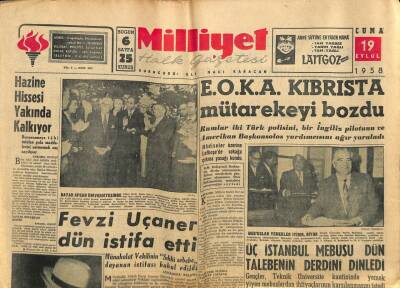 Milliyet Halk Gazetesi 19 Eylül 1958 - EOKA Kıbrısta Mütarekeyi Bozdu GZ79261 - 1