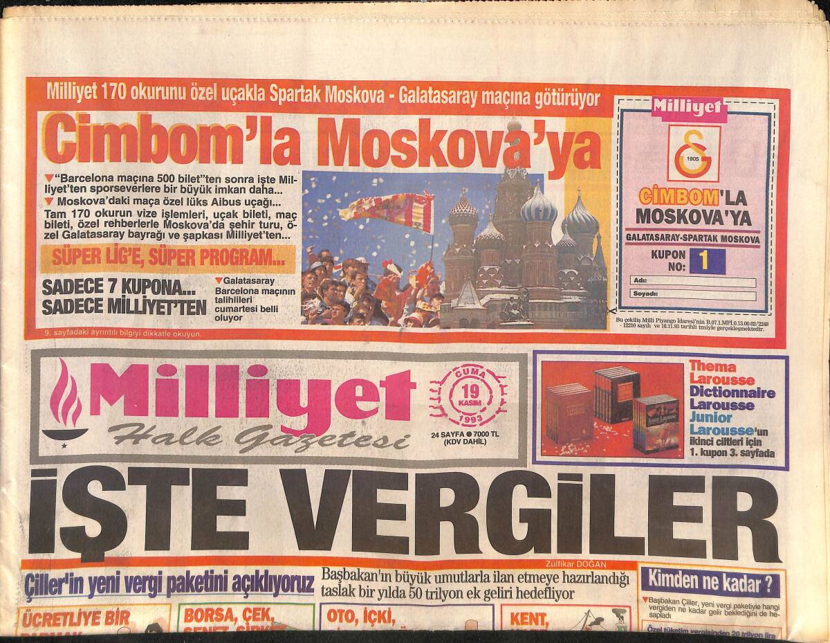 Milliyet Halk Gazetesi 19 Kasım 1993 - İstanbul Sel Kent - Çiller'in Yeni Vergi Paketini Açıklıyoruz GZ132801 - 1