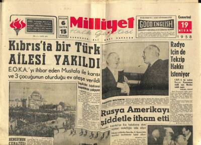 Milliyet Halk Gazetesi 19 Nisan 1958 - Kıbrısta Bir Türk Ailesi Yakıldı GZ74453 - 1