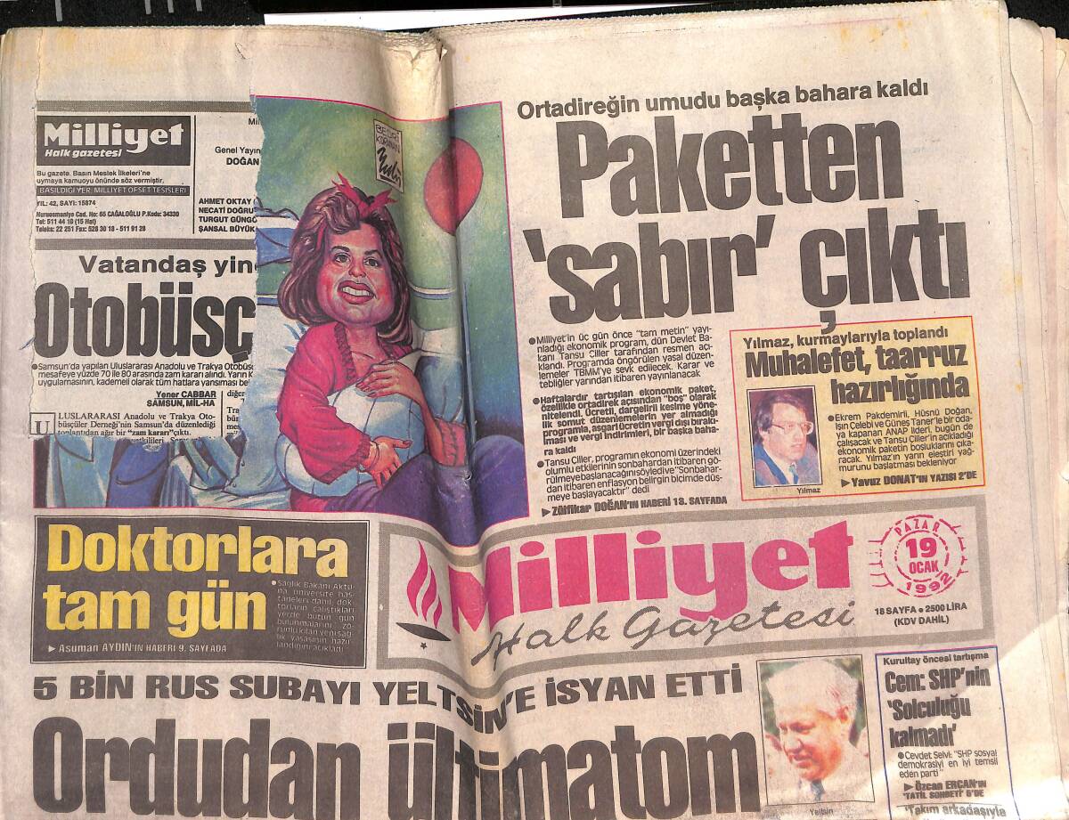 Milliyet Halk Gazetesi 19 Ocak 1992 - PKK Suikast Timi Türkiye'de - 5 Bin Rus Subayı Yeltsin'e İsyan Etti GZ132897 - 1