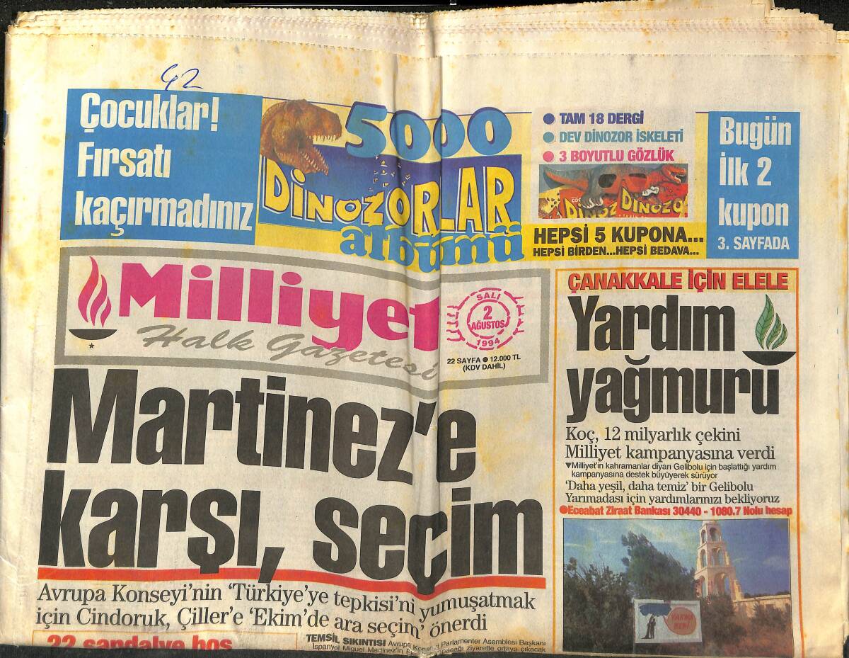 Milliyet Halk Gazetesi 2 Ağustos 1994 - Tanju: Dünyam Karardı - Kartal İnönü'ye Kondu GZ153147 - 1