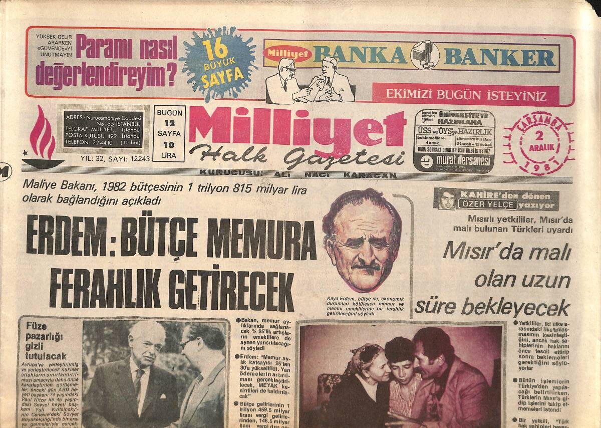 Milliyet Halk Gazetesi 2 Aralık 1981 - Memurlara Görev Tazminatı Verilecek - Mısır'da Malı Olan Uzun Süre Bekleyecek GZ155332 - 1