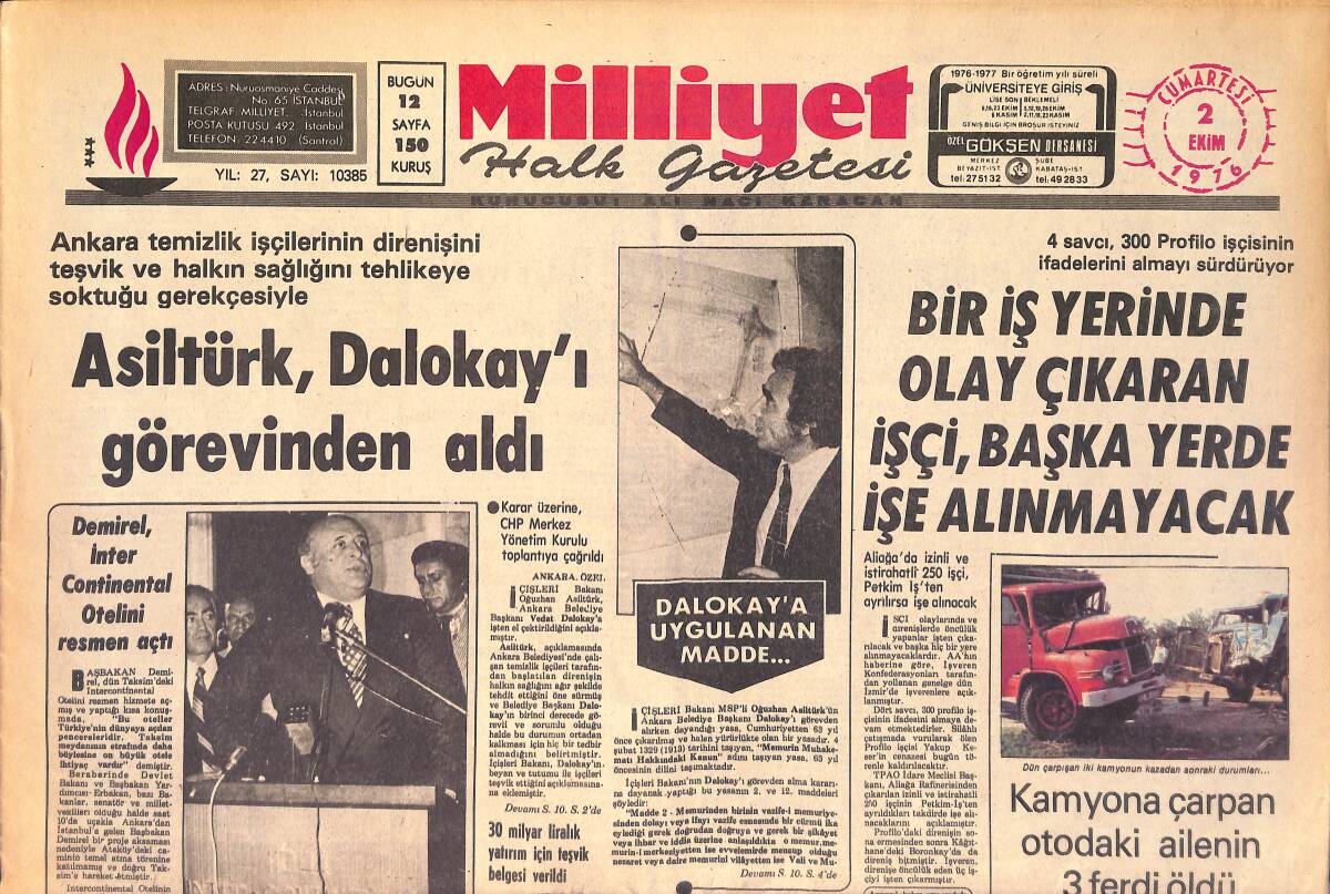 Milliyet Halk Gazetesi 2 Ekim 1976 - Asiltürk , Dalokay'ı Görevinden Aldı - Muhammed Ali Boksu Bırakacağını İstanbul'da Açıkladı GZ161132 - 1
