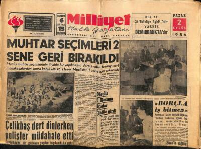 Milliyet Halk Gazetesi 2 Eylül 1956 - Muhtar Seçimleri 2 Sene Geri Bırakıldı GZ88771 - 1