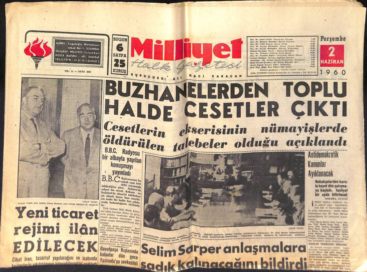 Milliyet Halk Gazetesi 2 Haziran 1960 - Buzhanelerden Toplu Halde Cesetler Çıktı - Davutpaşa Kışlasında Dün de 33 Kişi Muhafazaya Atıldı GZ153969 - 1
