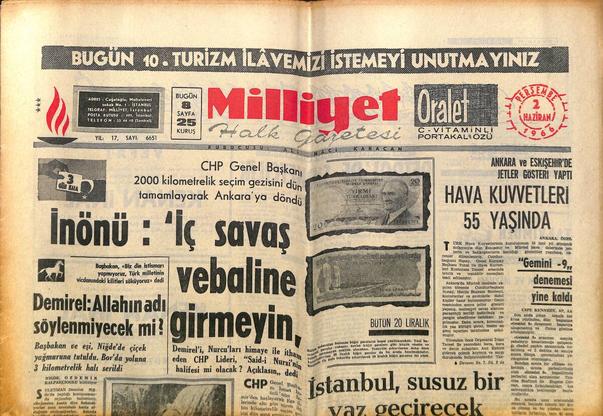 Milliyet Halk Gazetesi 2 Haziran 1966 - Hava Kuvvetleri 55 Yaşında - Saz Şairi Aşık İhsani Tevkif Edildi GZ160464 - 1