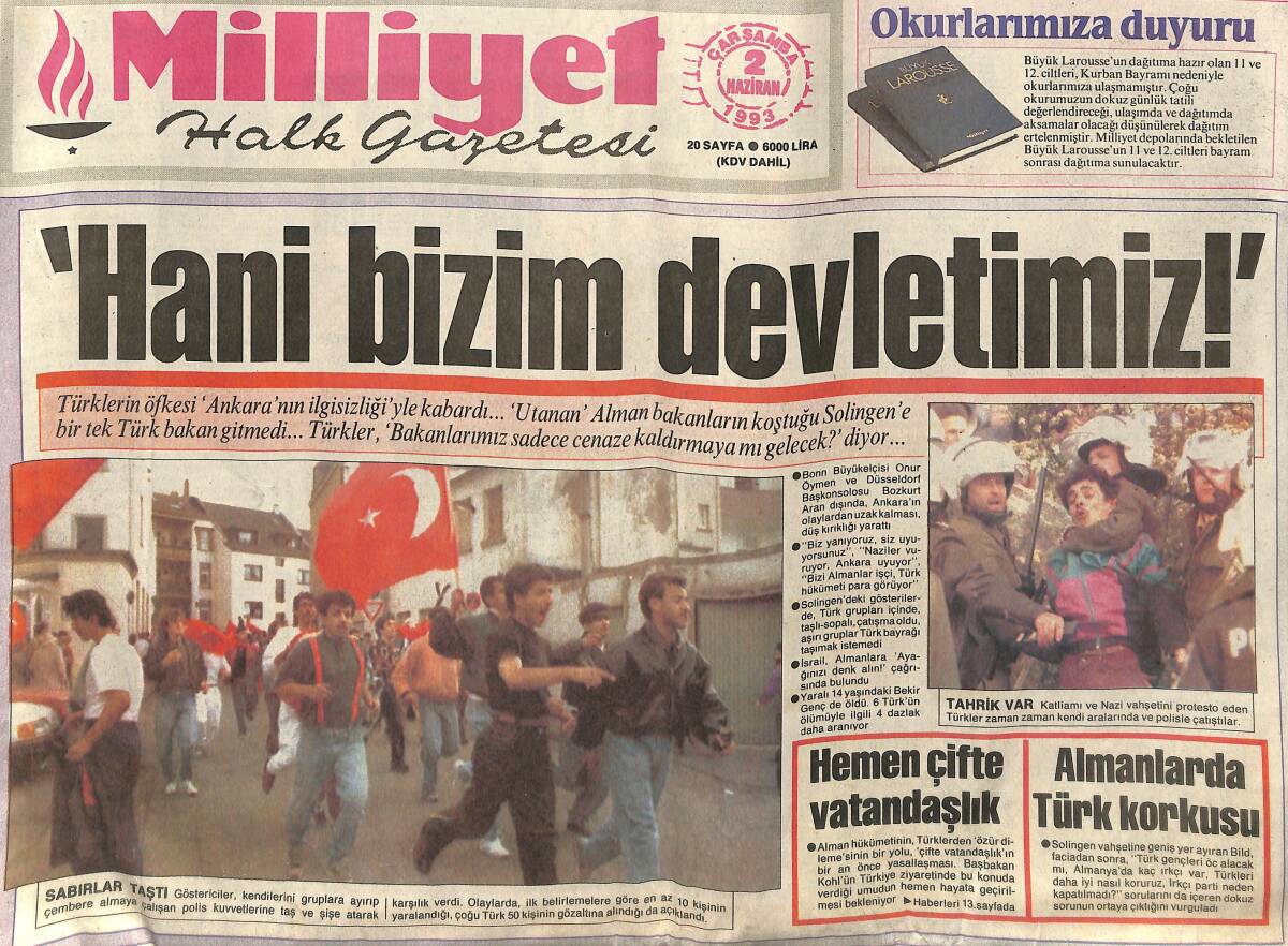 Milliyet Halk Gazetesi 2 Haziran 1993 - Tansu Çiller Çocuk Yuvasında - Almanlarda Türk Korkusu GZ153110 - 1