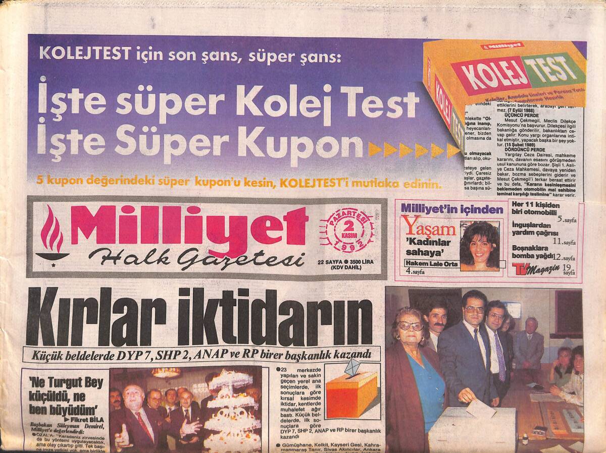Milliyet Halk Gazetesi 2 Kasım 1992 - Galatasaray'a Uğur Müjdesi - Semra Özal'ı Öven Kitap GZ132557 - 1